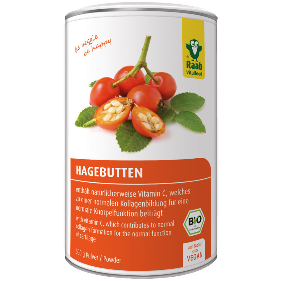 Raab Bio HageButtenpulver contains the best of the fruit shells and the cores of the AP-4 rose hips. This high -quality variety comes from the Chilean highlands and is grown in rural areas in southern Chiles. Their fruits are characterized by their content of vitamin C. Vitamin C contributes to normal collagen formation for normal cartilage function. The rose hip fruits are Erntesegen during the optimal maturity level.