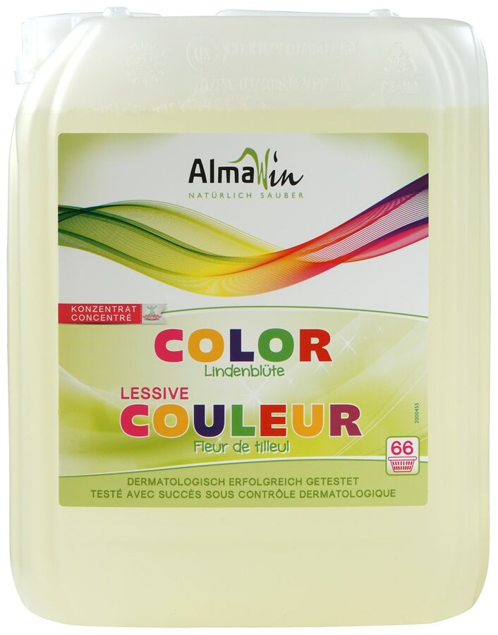 Almawin Color detergent washes colorful fiber low, ensures permanent color brilliance. It is suitable for textiles from natural, mixed and art fibers of 30 °- 60 ° C. Without enzymes. Fine linden flower fragrance.