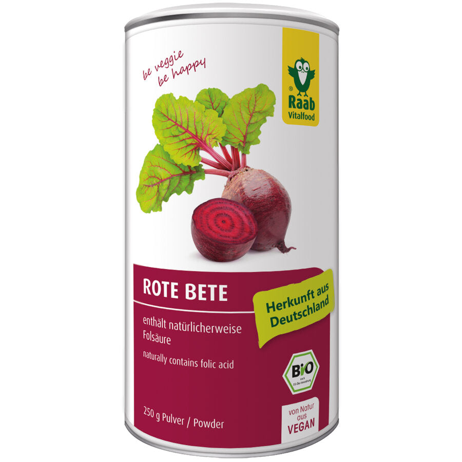 Raab organic beetroot powder contains folic acid. The folic acid it contains contributes to normal blood formation, a normal function of the psyche and the immune system and to reduce fatigue and fatigue. Folic acid also has a function in cell division.