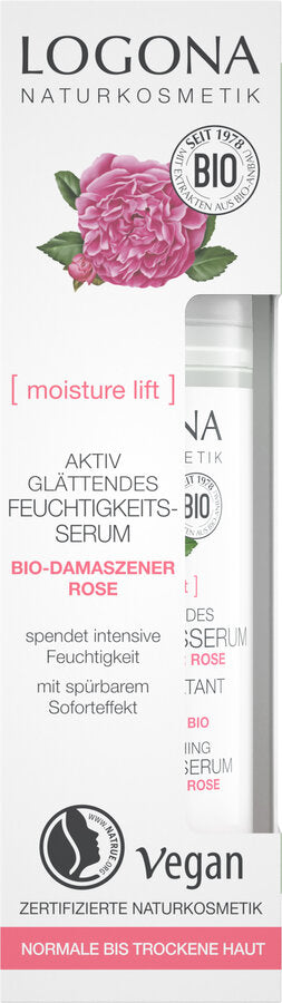 The logona actively smoothing moisture serum with a noticeable immediate effect enriches the skin intensively with moisture. The light texture with bio-Damascener Rose & the moisturizing complex Dayist ClrtM strengthens the skin's own protection mechanism and optimizes the effect of the following day and night care.