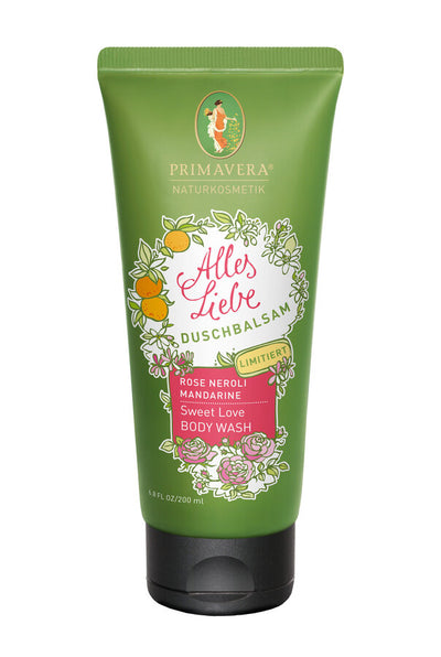 The shower balm loves to spoil with rose, neroli and mandarin and gives harmony and joie de vivre. It gently cleans with mild sugar stations and has a leak -fat effects through cold -pressed organic care oils.