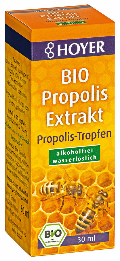Organic propolis extract non-alcoholic drops for internal and external use, alcohol-free- water-soluble 30 ml drip bottle Discovered the honeybees as raw material for propolis The resin covers of the young buds of deciduous and needle trees. Mixed with the body's own secretion, a high -quality natural fabric is created with which our honey bee was able to protect itself to the present day. For daily nutritional supplements - good solubility, versatile, e.g. as a mouthwash.