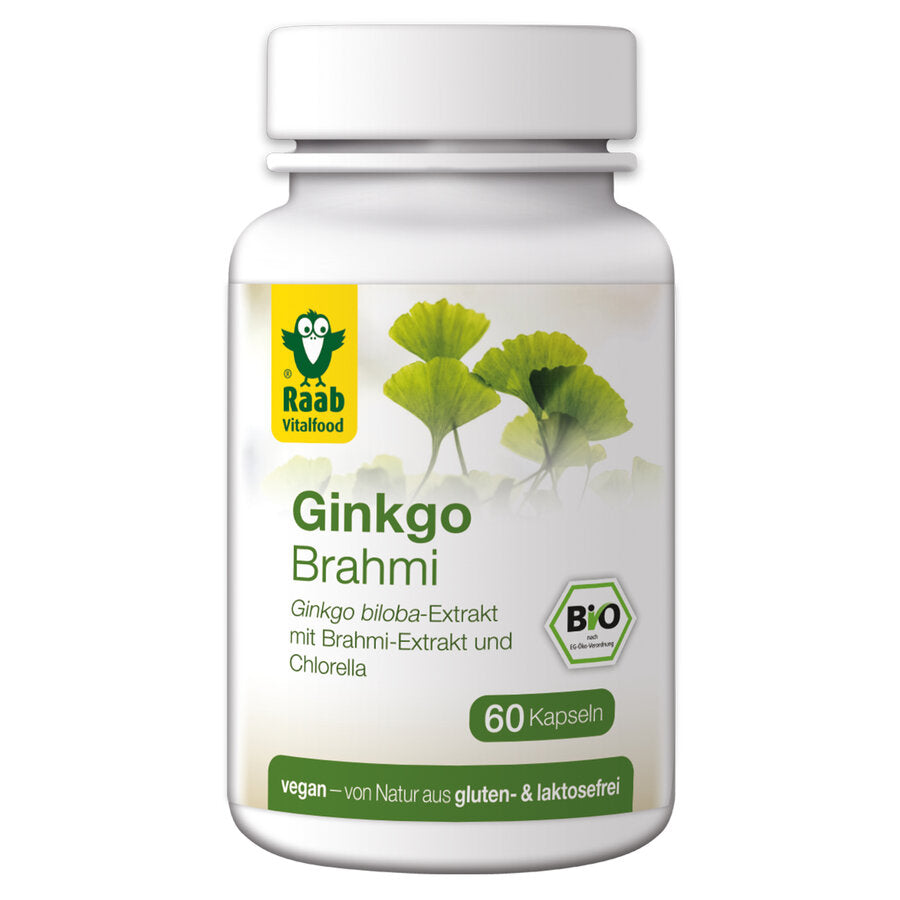 Raab Bio Ginkgo-Brahmi is a carefully coordinated combination of Ginkgo Biloba and Brahmi Blatt extract and chlorella powder in organic quality. Brahmi (Bacopa Monnieri or "Small Fetting") is an important part of the Ayurvedic plant science. The popular ginkgoba tree is also called tree of life and can live up to 1000 years.