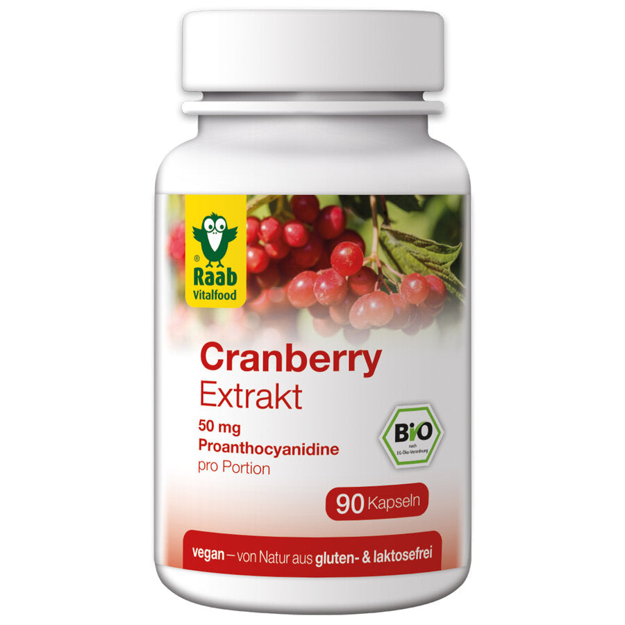 Raab Bio Cranberry Forte capsules contain a standardized content of proanthocyanide (50 mg in 3 capsules) made of high -quality cranberry extract. Proanthocyanidine are secondary plant substances from the group of flavonoids. The formulation of the capsules combines the valuable ingredients of the entire cranberry fruit in their natural plant matrix with high -dose cranberry extract.