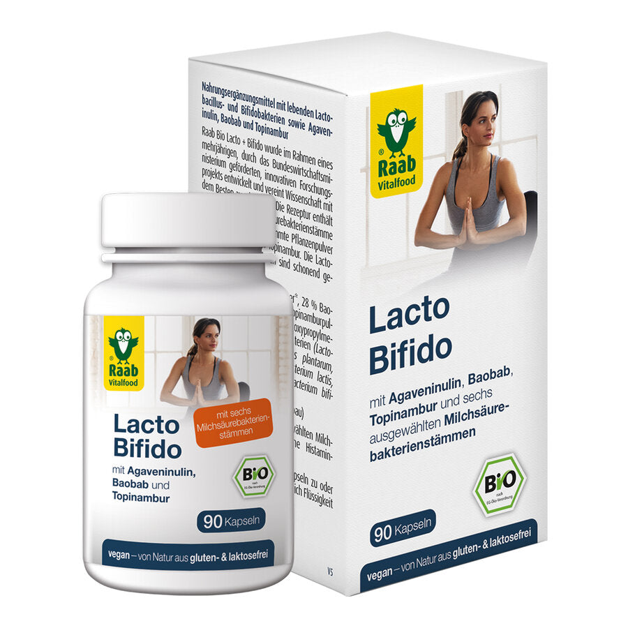 Raab Bio Lacto + Bifido was developed and combined with the best of nature as part of a multi -year ministry funded by the Federal Ministry of Economic Affairs. The recipe contains six special bacterial cultures and three plants from agave, baobab and Jerusalemion bio quality.