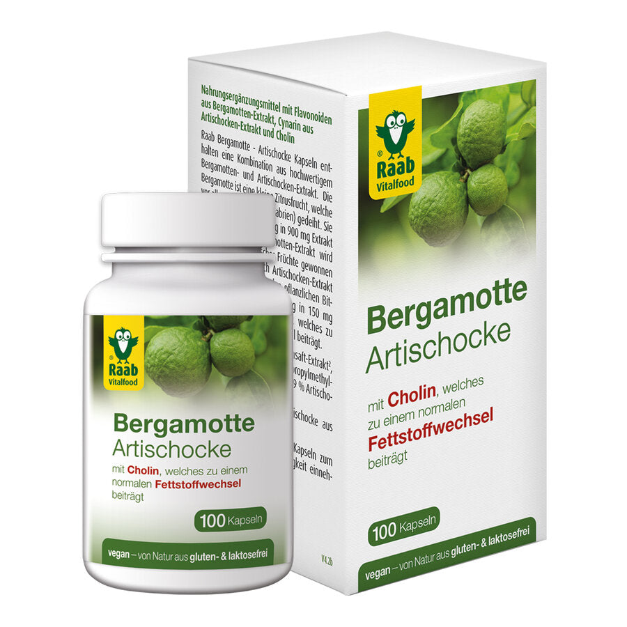 Raab Bergamot- Artichoke capsules contain a combination of high-quality bergamot and artichoke extract. The Bergamot is a small citrus fruit, which thrives especially in southern Italy (Calabria). It contains flavonoids (225 mg in 900 mg extract per serving). The bergamot extract is obtained from the juice of Italian fruits and is supplemented by artichoke extract from France, which contains the herbal bitter fabric cynarin.