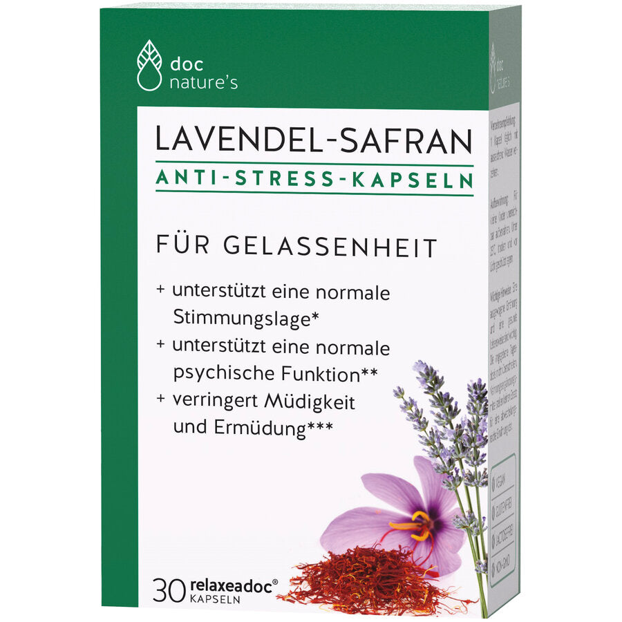 Dietary supplements with lavender and saffron extract as well as B vitamins. For serenity +, a normal mood * + supports a normal psychological function ** + reduces tiredness and fatigue *** *Safran can support normal emotional balance and contribute to maintaining a positive mood. Lavender helps to reduce tense. Relaxeadoc® makes a positive contribution during emotional phases of life