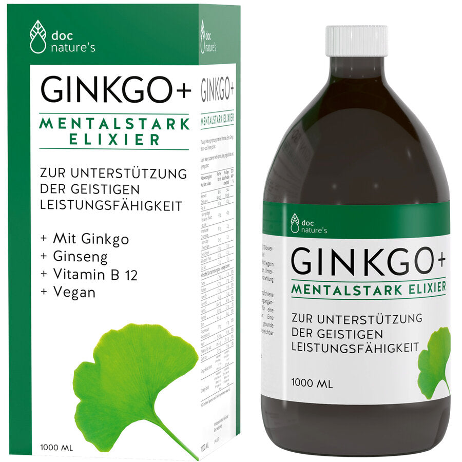 Liquid nutritional supplements with vitamins, iron, Ginkgo biloba and ginseng extract to support mental performance + with Ginkgo + Ginseng + Vitamin B 12 + vegan