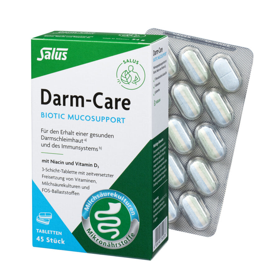 For the maintenance of a healthy intestinal mucosa and the immune system with niacin and vitamin D3 3-layer tablet with time-shifted release of vitamins, lactic acid cultures and fos ballasts