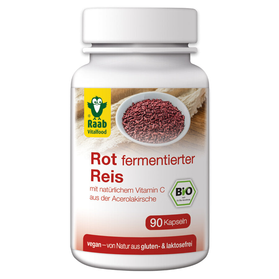 Raab Bio red fermented rice capsules contain monacoline (including Monacolin K) made of red fermented rice and natural vitamin C from the acerola cherry. Vitamin C contributes to normal collagen formation for a normal function of the blood vessels.