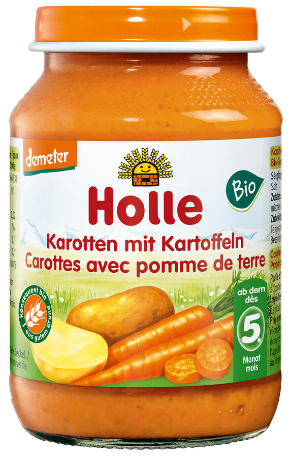 The baby glass carrots with potatoes are particularly suitable for the further conjunction and preparation of the first menus to get to know new ingredients. The pure vegetable porridge is finely pureed and only the best demeter ingredients made of strictly controlled cultivation are used for the holl glass.