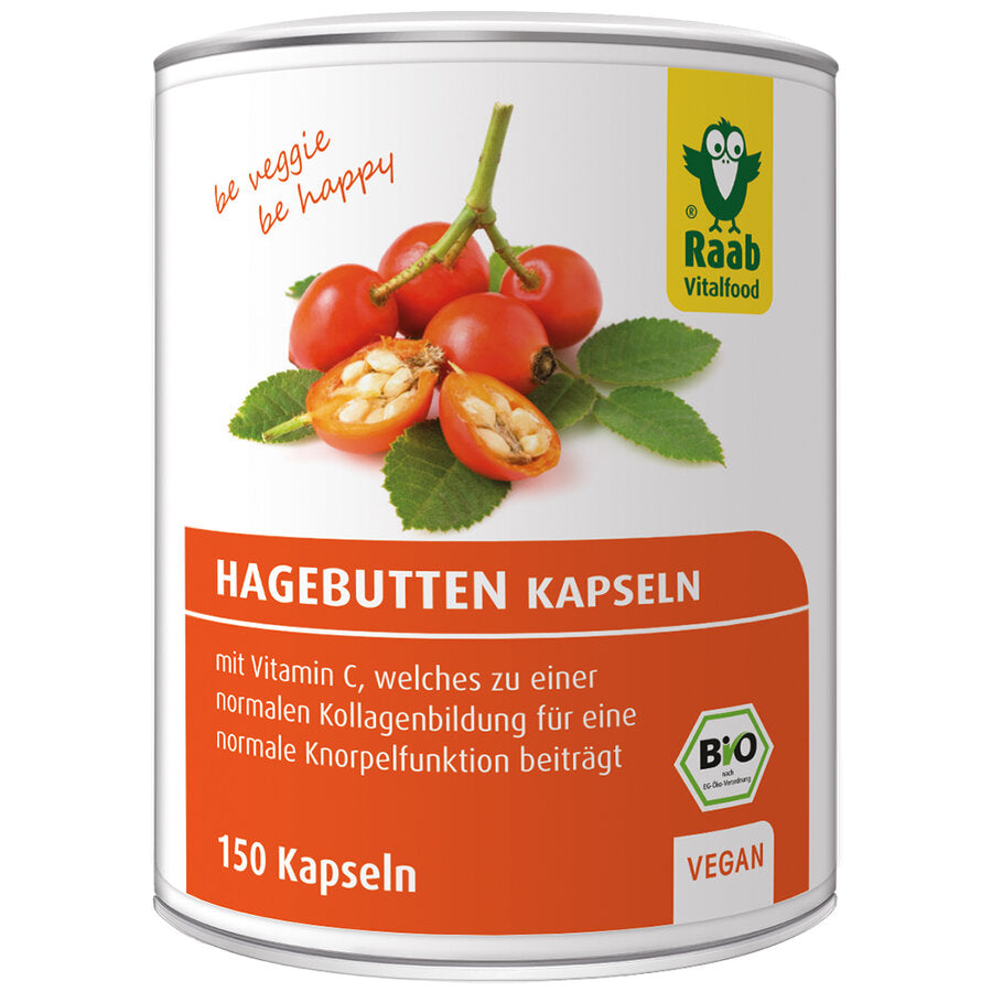 Raab Bio HageButtenkapseln contain the best of the fruit bowls and the cores of the AP-4 rose hips. This high -quality variety comes from the Chilean highlands and is grown in rural areas in southern Chiles. Their fruits are characterized by their content of vitamin C. Vitamin C contributes to normal collagen formation for normal cartilage function. The rose hip fruits are Erntesegen during the optimal maturity level.