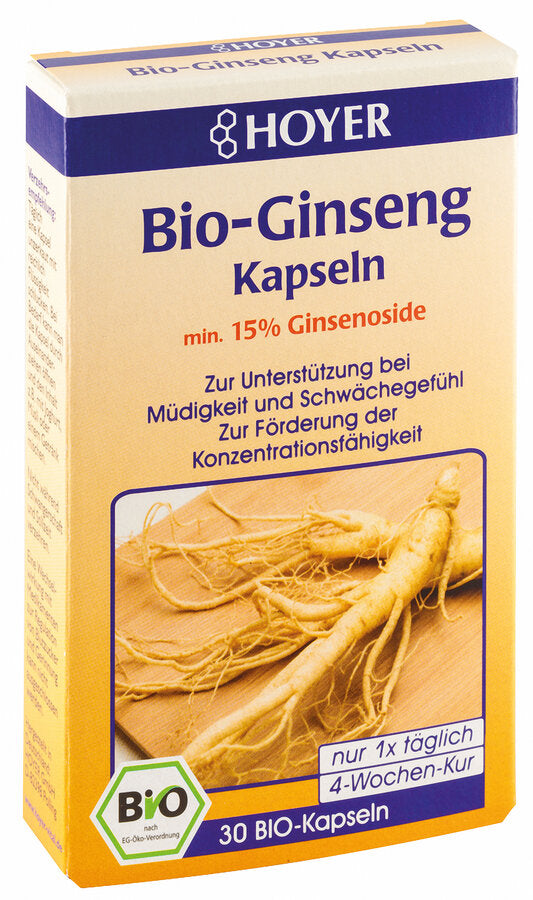 Bio Ginseng capsules min. 15 % ginsenoside to support fatigue & weakness to promote concentration in Asia, the ginseng root is considered the epitome of vitality and health. In Korea it is therefore also called "root of life". The Hoyer Bio Ginseng capsules contain ginsenosides in the high concentration of min. 15 %, which serve to support fatigue and weakness and to promote performance and concentration.