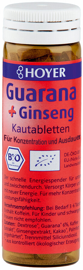 Guarana + Ginseng chewing tablets for concentration & endurance with natural caffeine to support performance and perseverance Ideal at work, learning and sport the quick energy dispenser for in between and on the go. For pupils and students in learning and exams, for athletes and working people, for drivers and all of whom is always required. Without artificial aroma, color and sweeteners.