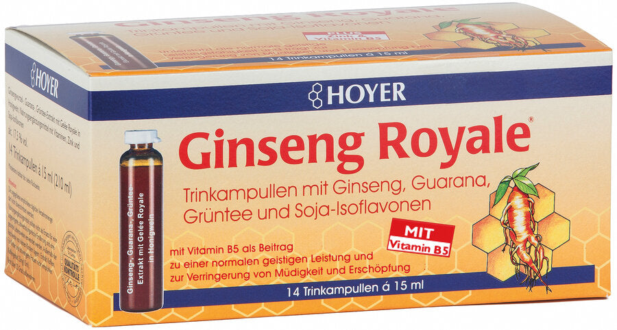Ginseng Royale drinking ampouling cure Vital substance complex Zink helps to protect the cells from oxidative stress Vitamin B5 supports a normal mental performance vitamin C to reduce fatigue and exhaustion during great stress ginseng gains ginseng royal swing and fresh vigor for every day. In everyday life, at work, in leisure time - for professionals as well as for students, housewives and seniors.