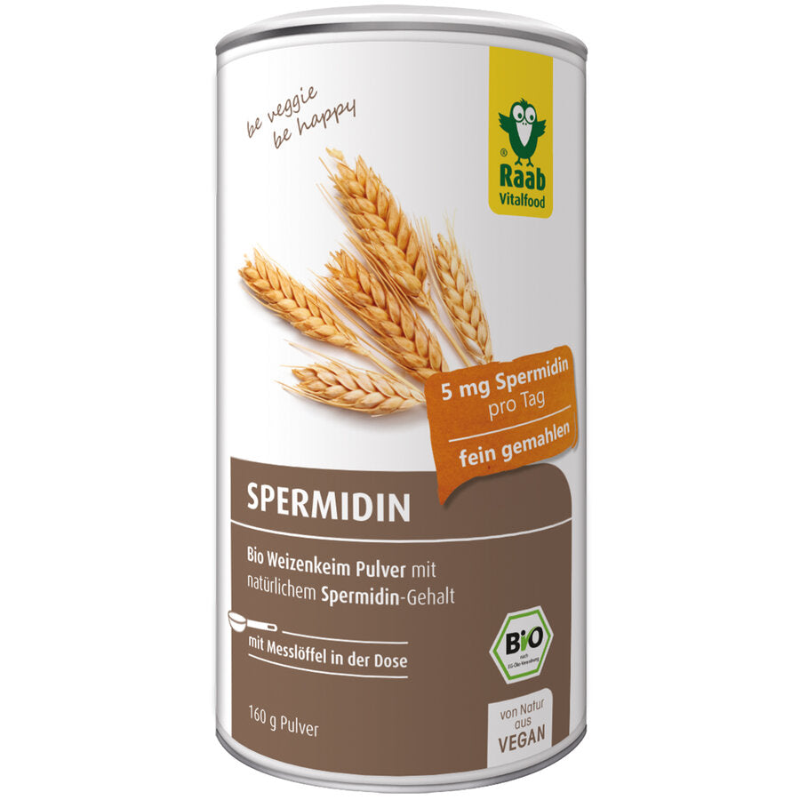 Spermidine is a so -called polyamine and naturally contained in wheat germs. Raab Bio Spermidine only contains high -quality organic wheat germ powder with its natural spermiding content. Only the valuable germ of the wheat grain is used for the powder, which only makes up a tiny part of the mature grain. The germ is carefully separated from the flour body, then unolved and finely ground. This contests the spermidine it contains.