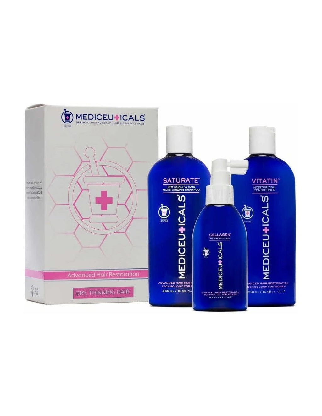 Mediceuticals Advanced Hair Restoration Technology For Women Kit Dry: Saturate 250ml + Cellagen 125ml + Vitatin 250ml