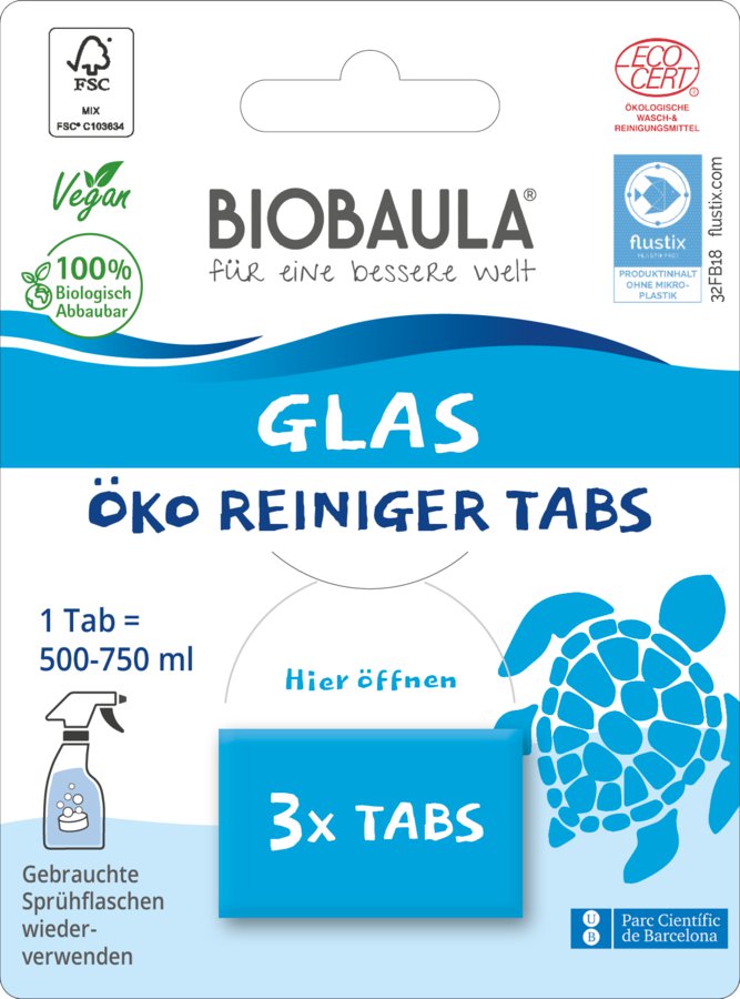Biobaula Glasreiniger ist ein sich schnell lösender Tab mit neutralem pH-Wert der eine glänzende und schnell trocknende Reinigung erzielt. Ideal zum Reinigen von Glas, Fenstern und Spiegelflächen.