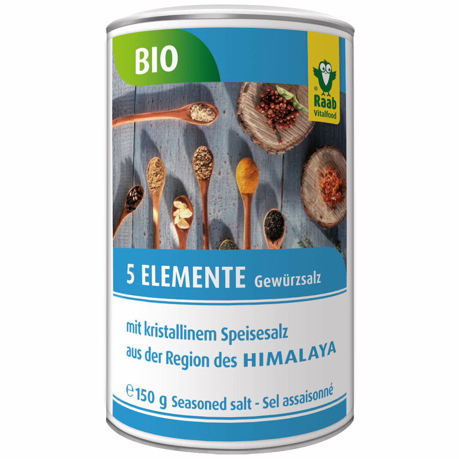 The 5-elements spice salt includes selected herbs and spices from controlled organic cultivation according to the philosophy of the 5 elements of nutrition (wood, fire, fire, earth, metal, water).