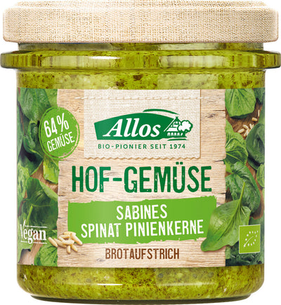 Sabine's spinach pine nuts Hof-vegetable spread from Allos is a delicious taste experience for bread. The delicious combination of spinach and pine nuts makes your bread to delicious snacks with a full vegetable taste - no wonder with 64 % vegetable content!