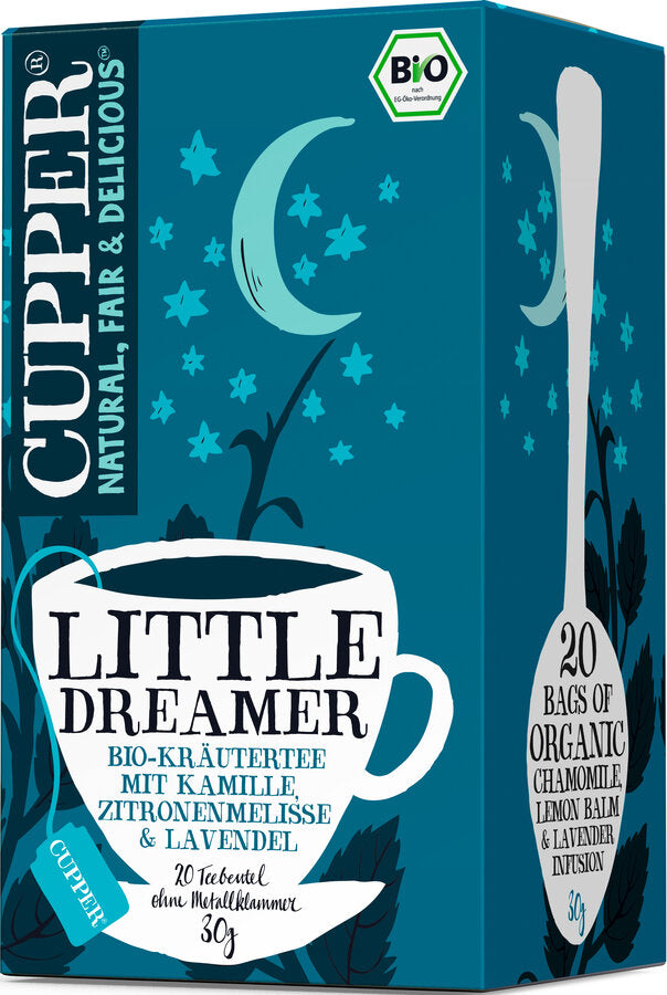 Little Dreamer Tea an ideal herbal mix for the cup of tea in front of the bed. Tasty herbs such as chamomile and lavender with a touch of freshness from the taste of the lemon balm make you fall asleep relaxed.