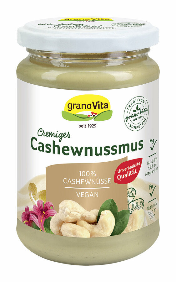 Cashwnussmus - 100 % exquisite cashew nuts vegan without added sugar * gluten -free yeast -free yeast -free lactose -free rich in unsaturated fatty acids rich in iron, phosphorus and magnesium, particularly creamy consistency, also for refining desserts as well as for baking and cooking ideally suitable * contains inherently sugar -reservable side!