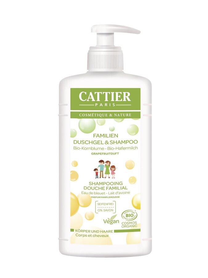 Due to its soap -free and lightly foaming texture, the Cattier Families Shower Gel & Shampoo is ideal for daily, gentle cleaning of body and hair. A product for the whole family. The calming and moisturizing yogurt extract supports the natural defense function of the skin thanks to valuable proteins, gives the hair shine and makes it easy to comb. Organic grain flower water soothes and cares for the skin and makes the hair supple.