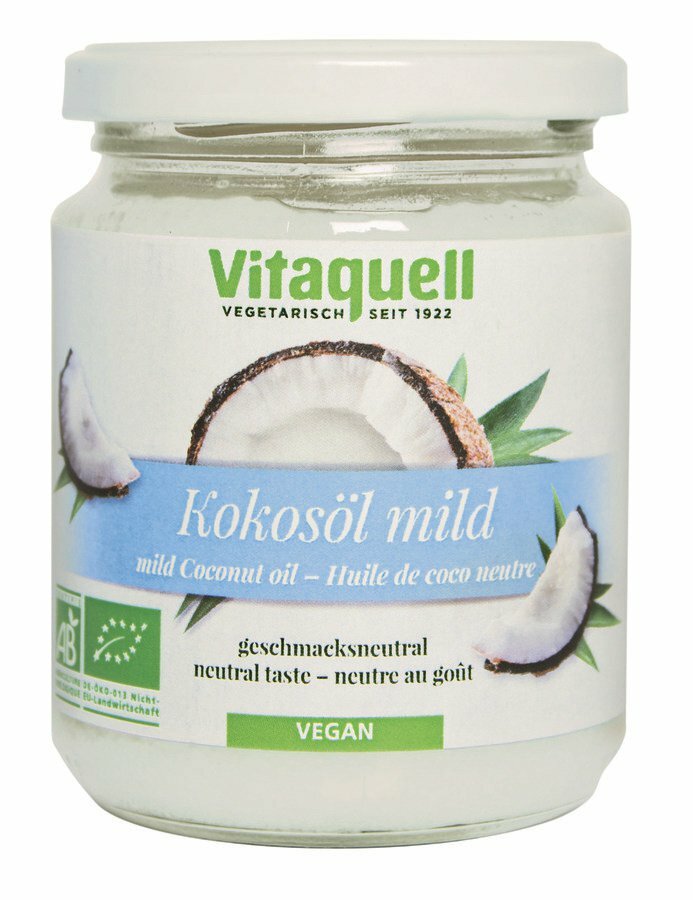 Vitaquell organic coconut oil mild is obtained from the pure, white coconut meat. Then it is gently steamed to obtain a coconut oil that is neutral and tasteless.