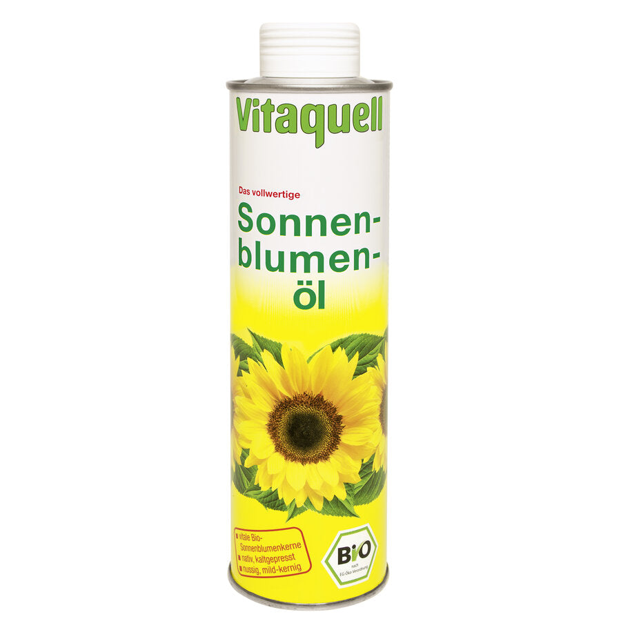 Vitaquell organic sunflower oil is made from the whole core according to traditional principles. Only germinable sunflower seeds are selected and cold -pressed without external heat.