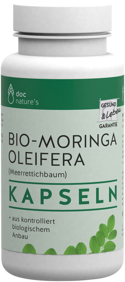 Bio-Moringa Oleifera (horseradish tree) capsules + from controlled organic cultivation + vegan moringa trees thrive in the tropical and subtropical regions of the earth. In the cultivation countries, its leaves are considered an important food basis, e.g. as vegetables and tea.