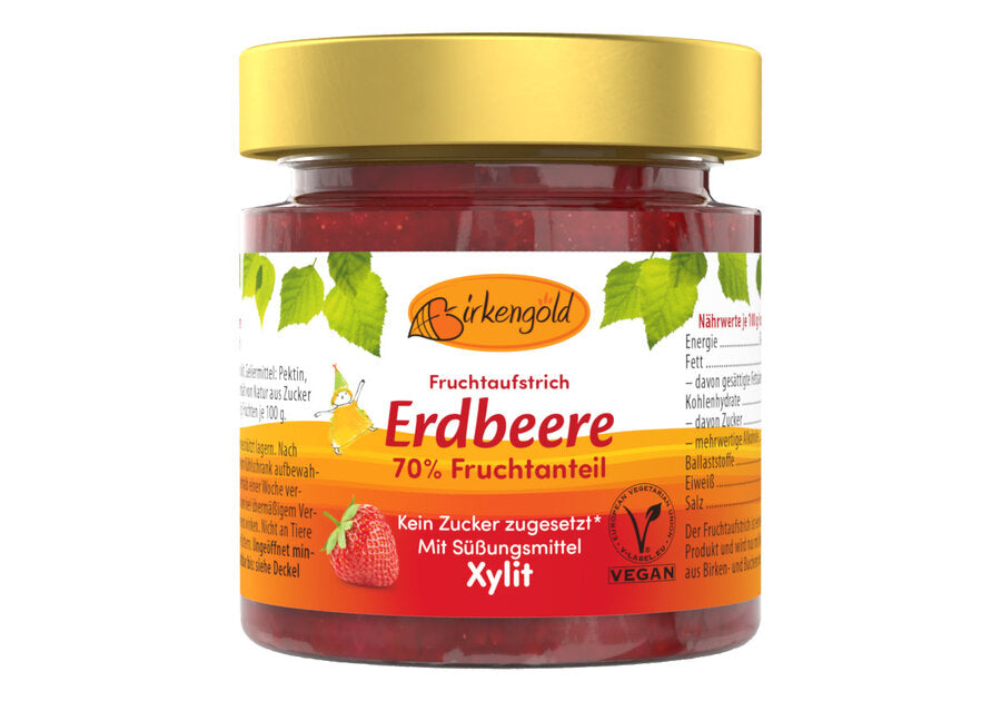 Our fruit spread strawberry consists of 70 % selected organic fruits. Only Birkengold® Xylitol is used for sweetness. A little apple pectin ensures the perfect consistency. Enjoyment tip: Our Birkengold® strawberry fruit spread is sweetened exclusively with Birkengold® Xylit. It naturally contains sugar from the strawberries, but no sugar is added. Birkengold® Xylitol and fruits complement each other wonderful, enjoy the delicious fruit taste.
