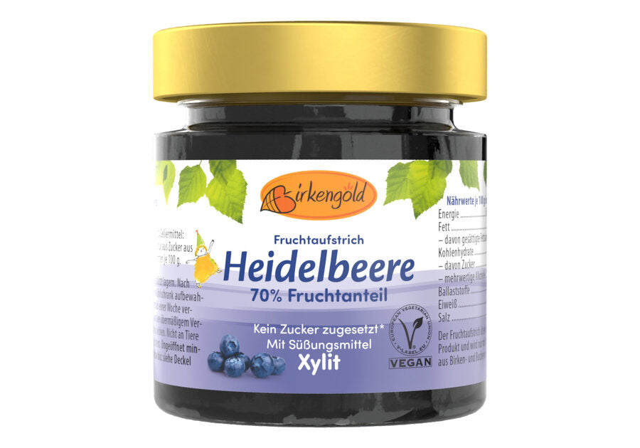 Our fruit spread blueberry consists of 70 % selected organic fruits. Only Birkengold® Xylitol is used for sweetness. A little apple pectin ensures the perfect consistency. Enjoyment tip: Our Birkengold® -Heidelberer fruit spread is sweetened exclusively with Birkengold® Xylit. It naturally contains sugar from the blueberries, but no sugar is added. Birkengold® Xylitol and fruits complement each other wonderful, enjoy the delicious fruit taste.