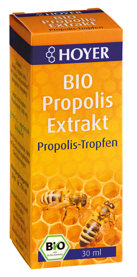 Organic propolis extract drops 30 ml of drip bottle. The honeybees discovered the resin covers of the young buds of deciduous and coniferous trees as a raw material for propolis. Mixed with the body's own secretion, a high -quality natural fabric is created with which our honey bee was able to protect itself to the present day. For daily nutritional supplements and also z. B. suitable for oral care.