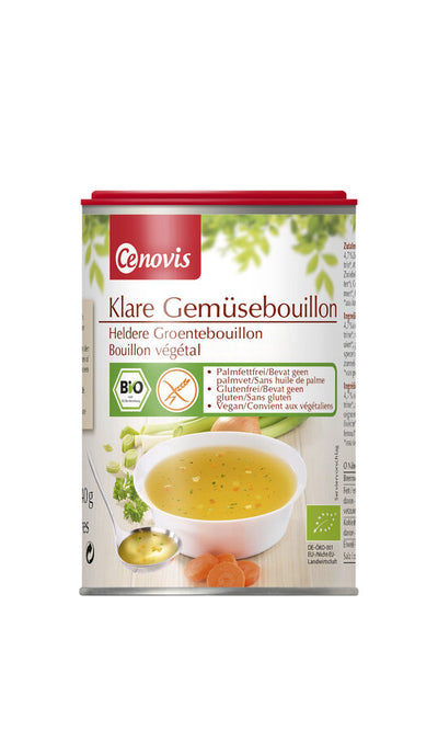 Clear vegetable bouillon with 15.5% vegetables, fine -grained. Immediately soluble.
