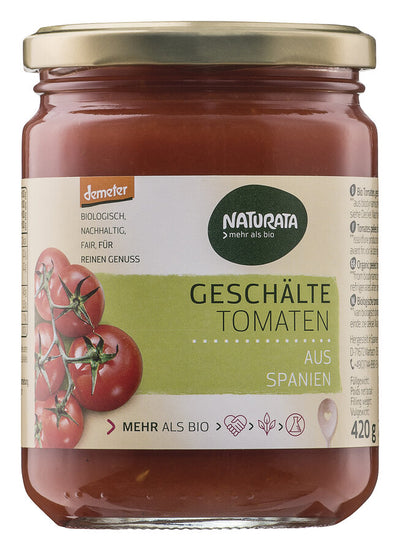 Peeled tomatoes in tomato juice made of high-quality Spanish biodynamic tomatoes in a practical size for 1-2 people households.