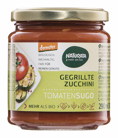 The Naturata Demeter-tomatoensugo is a typical Italian pasta sauce and is made from biodynamic tomatoes with grilled zucchini.