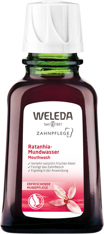 Weleda Ratanhia-Mund water stimulates the natural functions of the oral mucosa and the oral flora through essential oils and mineral substances and ensures fresh breath without taste impairment. Extracts from the Peruvian ratanhia plant and myrrh strengthen the gums and oral mucosa and thus help prevent inflammation and bleeding gums. Alcohol content: 57.6% application The Weleda Ratanhia mouth water is a concentrate and therefore very productive. It must v