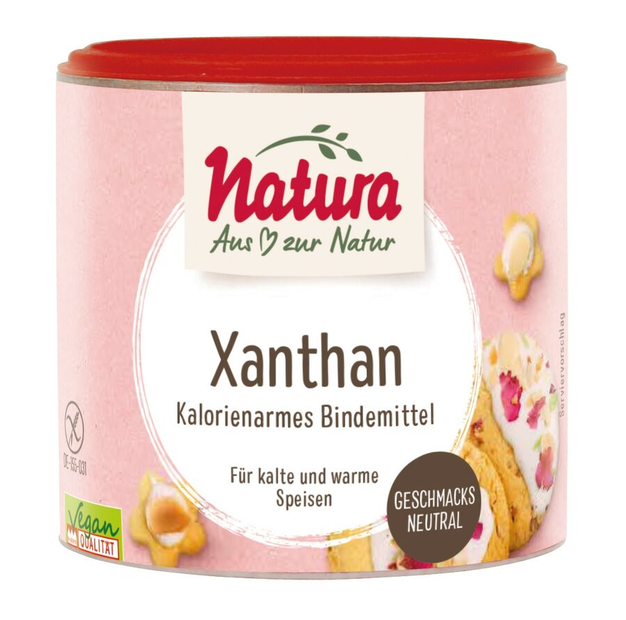 Xanthan is a long -chain carbohydrate formed by bacteria that is indigestible for the human organism. It is therefore considered a fiber. Xanthan is soluble in cold and warm water and largely forms temperature -stable gels. As a binder, it replaces gluten when baking gluten -free and ensures good consistency.