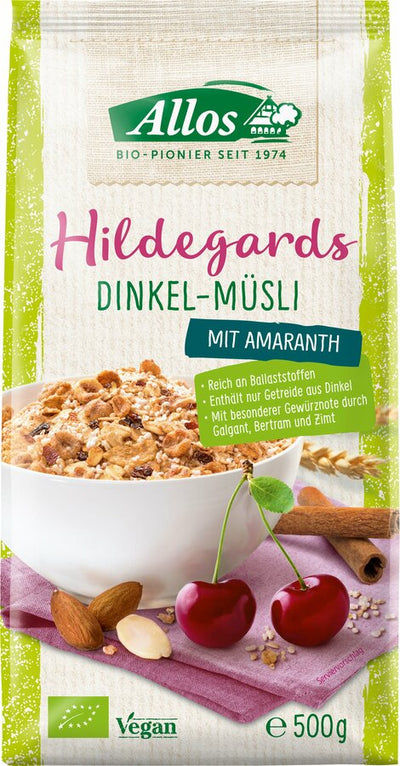 The Allos Hildegard's Dinkel-Müsli is produced according to the original recipes by Hildegard von Bingen. Enriched with Amaranth, cinnamon, galgant and Bertram ensure good tolerance. Psyllium, the mature seeds of a path, have a positive impact on digestion. A delicious muesli that does not require any sweetness.
