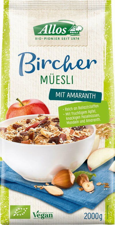 According to the teachings of the visionary Swiss doctor and raw food pioneer Dr. Bircher-Benner contains our allos Bircher muesli selected, recommended ingredients such as dried fruits, cereal flakes and nuts. In addition, this mixture in the economic family pack is enriched with Amaranth, the supercorn of the Incas. As a result, this muesli receives a particularly balanced composition and the fine-nutty taste that is so typical of amaranth.