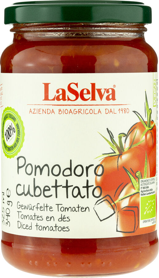 100% tomatoes from Tuscany, without adding salt. Fresh tomatoes carefully selected and processed within a few hours after the Erntesegen. Simply peeled and divided into fine pieces, the intense taste of the full -ripe fruits and their pure quality can be estimated.