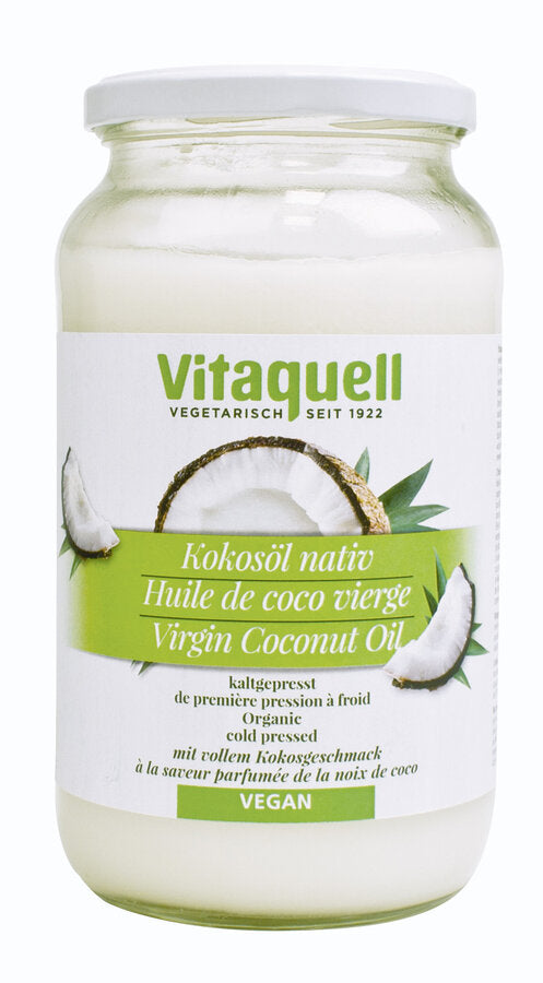 Vitaquell, native organic coconut oil is gently pressed from the pure, white coconut meat. This presents the exotic taste and smell of coconuts.