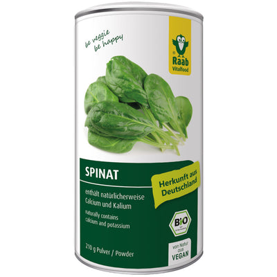 Spinat is a domestic superfood with numerous vital substances that are concentrated in the dried spinach powder. Raab organic spinach powder is rich in iron, folic acid, manganese and vitamin K and contains potassium and calcium. Vitamin K and calcium are required to preserve normal bones.