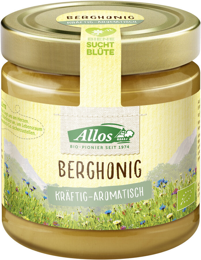 The allos organic mountain honey is a creamy-aromatic honey from South America. The diverse, Mediterranean Wild Flora gives this creamy golden brown honey its full -bodied taste.