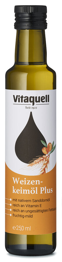 Vitaquell wheat germ oil plus is a mixture of mild wheat germ oil and cold -pressed, native sea buckthorn oil. This gives the mildly grossly tasty oil a fruity note. It has a high content of vitamins and essential, polyunsaturated fatty acids, including omega-3 fatty acids (?-Linolenic acid).