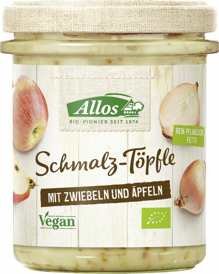 Allos Schmalz-Töpfle is a purely vegetable alternative to lard, refined with apples and onions. Unmistakably tasty, versatile and ideal for the vegan lifestyle.