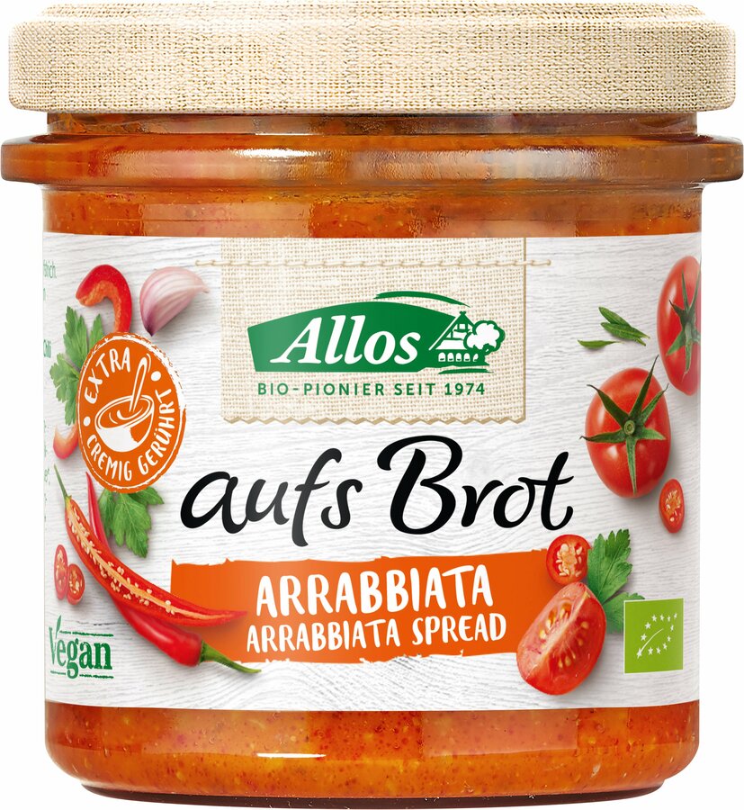 Our vegan spread of Allos on the bread arrabbiata of tomatoes and tasty peppers, refined with chilli is a sharp, string -like spread.