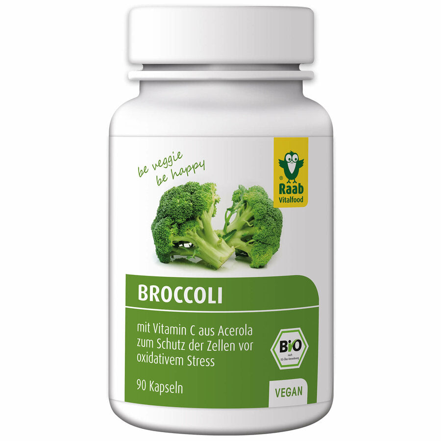 Raab Bio Broccoli capsules contain broccoli from Germany and additionally vitamin C from the acerola cherry. Vitamin C contributes to normal collagen formation for a normal function of the skin, the bones, blood vessels, gums and teeth. Vitamin C also helps protect the cells from oxidative stress.