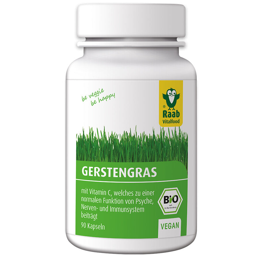 The young leaves of the resulting plant are referred to as barley grass. Raab Bio barley grass capsules contain barley grass from Germany and additionally vitamin C from the acerola cherry. Vitamin C contributes to normal collagen formation for a normal function of the skin, skin, the bones, the blood vessels and teeth.