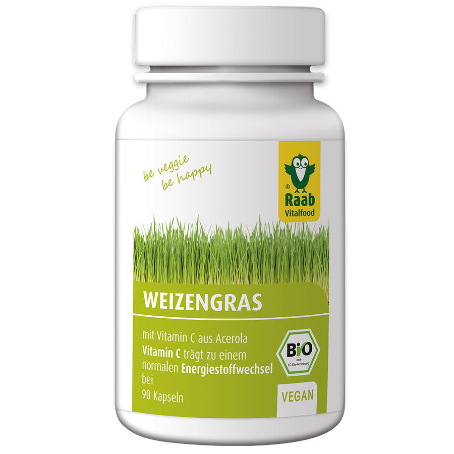 The young leaves of the emerging wheat plant are referred to as wheat grass. Raab Bio wheat grass capsules contain wheat grass from Germany and also vitamin C from the acerola cherry. Vitamin C contributes to normal collagen formation for a normal function of the skin, the bones, blood vessels, gums and teeth.